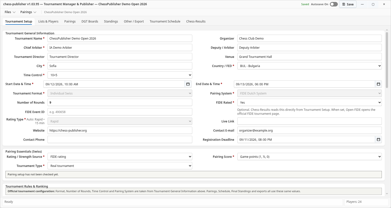 Chess-Publisher Tournament Setup screen